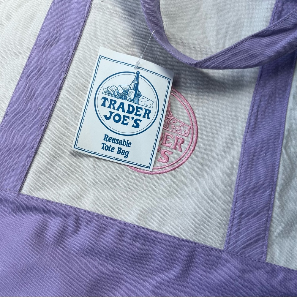 Trader Joe's Large Canvas Tote Bag in Cream & Purple - Picture 2 of 3